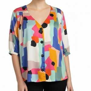 Crosby By Mollie Burch V-Neck Button Down Puff Sleeve Painter Babydoll Top M